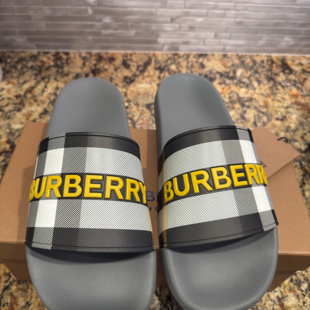 Burberry Plaid Slides with Yellow Logo